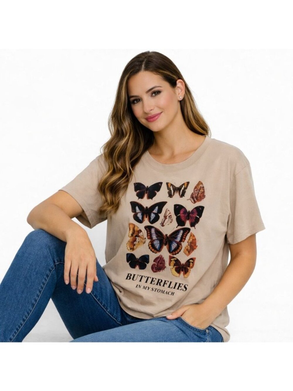 Shein T Shirt Womens Small Beige Butterfly Print Short Sleeve Casual Graphic Top